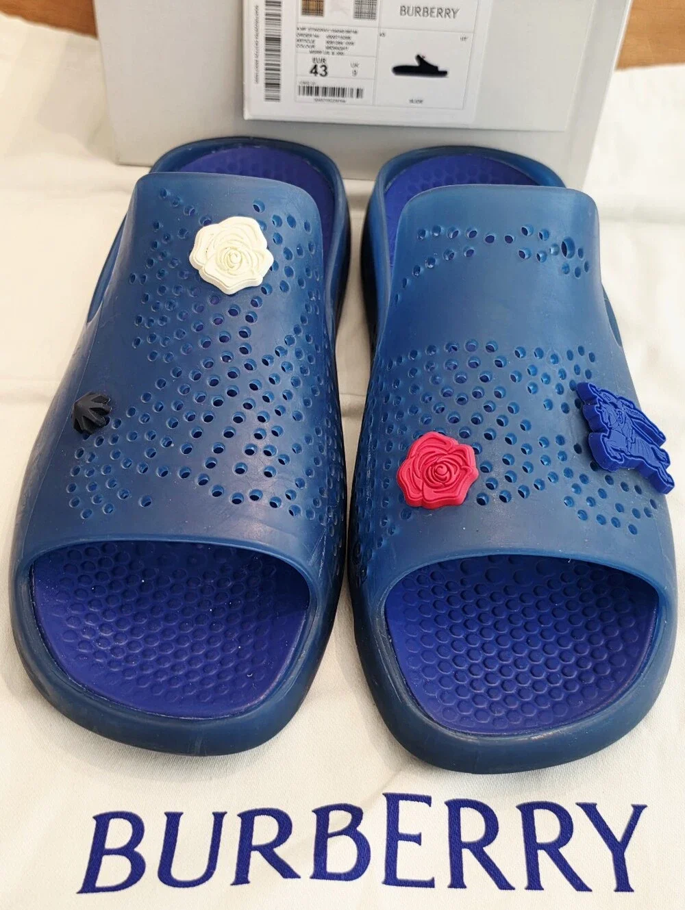 Burberry Blue Slide Sandals with Rose Charms